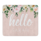 パステルモダンピンクの花こんにちは カッティングボード (正面)