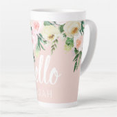 パステルモダンピンクの花こんにちは カフェラテマグ (右アングル)