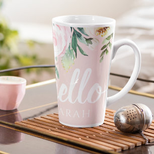 パステルモダンピンクの花こんにちは カフェラテマグ
