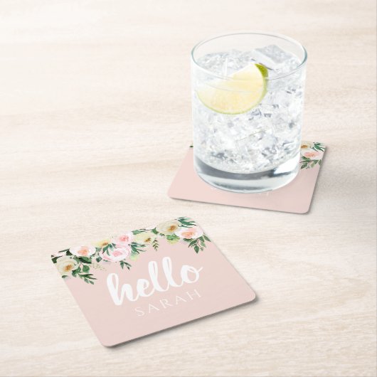パステルモダンピンクの花こんにちは スクエアペーパーコースター (インサイチュ)