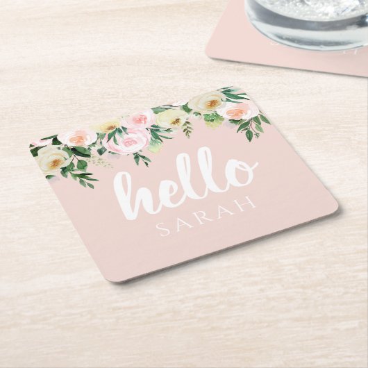 パステルモダンピンクの花こんにちは スクエアペーパーコースター (アングル)