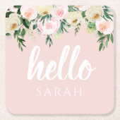 パステルモダンピンクの花こんにちは スクエアペーパーコースター (正面)