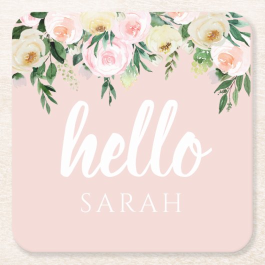 パステルモダンピンクの花こんにちは スクエアペーパーコースター (正面)