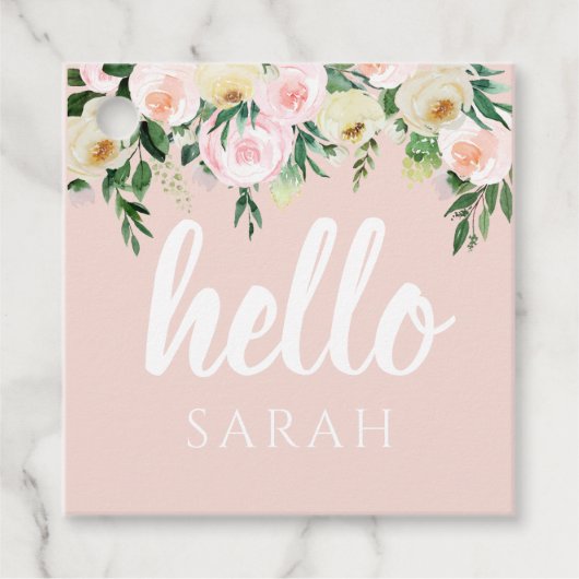 パステルモダンピンクの花こんにちは フェイバータグ (正面)