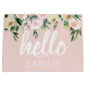 パステルモダンピンクの花こんにちは ラージペーパーバッグ (正面)