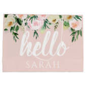 パステルモダンピンクの花こんにちは ラージペーパーバッグ (裏面)