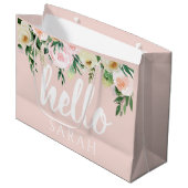 パステルモダンピンクの花こんにちは ラージペーパーバッグ (正面アングル)