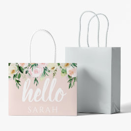 パステルモダンピンクの花こんにちは ラージペーパーバッグ