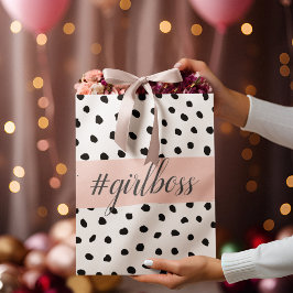 パステルモダンピンクガールボス&ブラックドット ラージペーパーバッグ