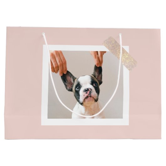 パステルモダンピンクフレーム |個人用の犬の写真 ラージペーパーバッグ (裏面)