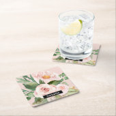 パステルモダンピンク水彩花と名前 スクエアペーパーコースター (インサイチュ)