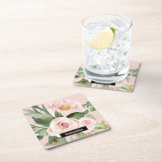 パステルモダンピンク水彩花と名前 スクエアペーパーコースター (インサイチュ)