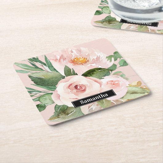 パステルモダンピンク水彩花と名前 スクエアペーパーコースター (アングル)