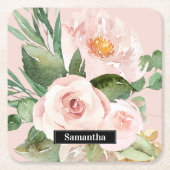 パステルモダンピンク水彩花と名前 スクエアペーパーコースター (正面)