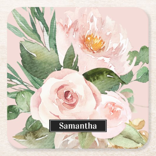 パステルモダンピンク水彩花と名前 スクエアペーパーコースター (正面)
