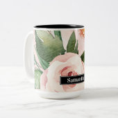 パステルモダンピンク水彩花と名前 ツートーンマグカップ (正面左)