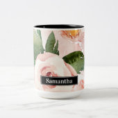 パステルモダンピンク水彩花と名前 ツートーンマグカップ (中央)