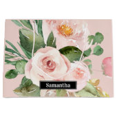 パステルモダンピンク水彩花と名前 ラージペーパーバッグ (正面)