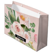 パステルモダンピンク水彩花と名前 ラージペーパーバッグ (正面アングル)