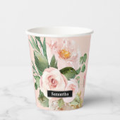 パステルモダンピンク水彩花と名前 紙コップ (正面)