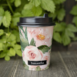 パステルモダンピンク水彩花と名前 紙コップ