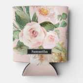 パステルモダンピンク水彩花と名前 缶クーラー (正面)