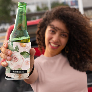 パステルモダンピンク水彩花と名前 缶クーラー