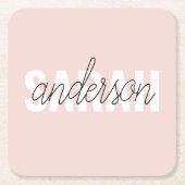 パステルモダンピンク美しいユーパーソナライズされたネーム スクエアペーパーコースター (正面)