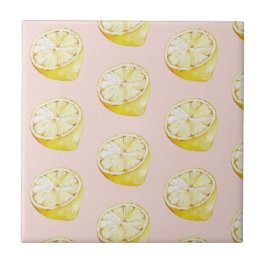 パステルモダンピンク&イエローレモンのパターン タイル