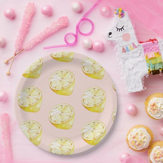 パステルモダンピンク&イエローレモンのパターン ペーパープレート (パーティー)