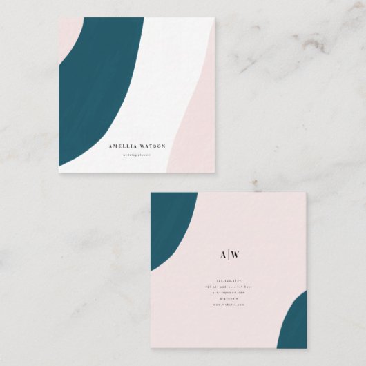 パステルモダンピンク、ティール（緑がかった色）、およびホワイトブラシストローク スクエア名刺 (正面/裏面)