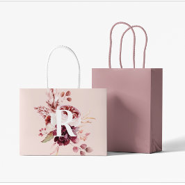 パステルモダンピンク&レッドフローラ付きイニシャル ラージペーパーバッグ