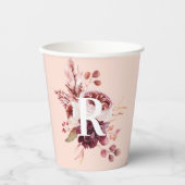 パステルモダンピンク&レッドフローラ付きイニシャル 紙コップ (正面)