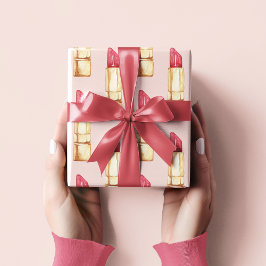 パステルモダンピンク&レッドリップスティックのパタガーリーーン ラッピングペーパー