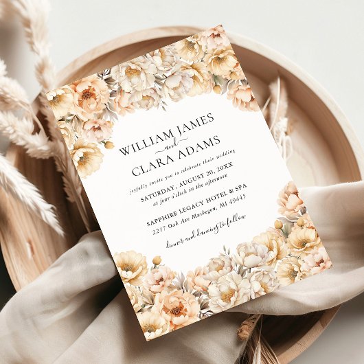 パステルモダンピーニーウォーターカラーフローラ結婚ズ 招待状