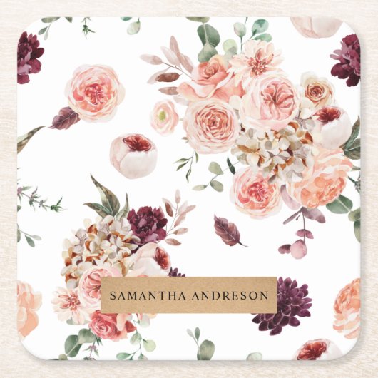 パステルモダンフラワー&クラフトギフトパーソナライズされたギフト スクエアペーパーコースター (正面)
