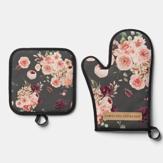 パステルモダンフラワー&クラフトギフトパーソナライズされたギフト 鍋つかみ&鍋敷きセット (正面)