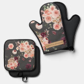 パステルモダンフラワー&クラフトギフトパーソナライズされたギフト 鍋つかみ&鍋敷きセット (正面/裏面)