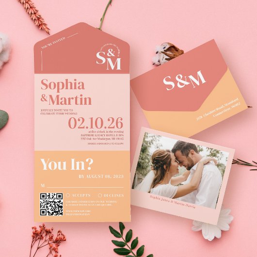 パステルモダンブライトピーチ&コーラルフォトズ結婚ズ オールインワン招待状