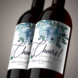 パステルモダンブルーバラフローラ結婚ズ ワインラベル