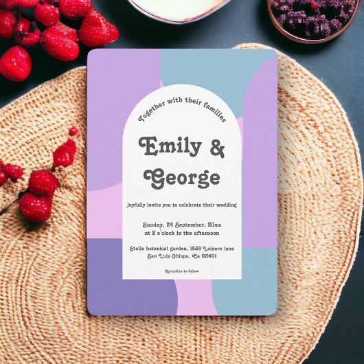 パステルモダンブルーパープルレトロ抽象芸術結婚ズ 招待状