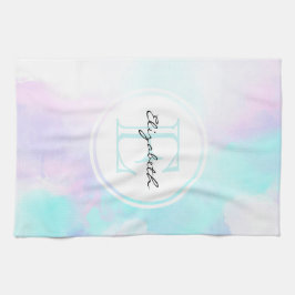パステルモダンブルー&パープルウォーターカラーモノグラム キッチンタオル