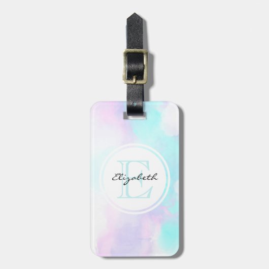 パステルモダンブルー&パープルウォーターカラーモノグラム ラゲッジタグ (正面縦)