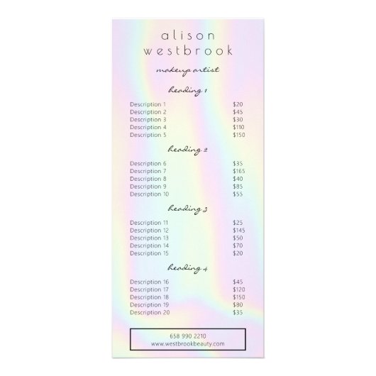 パステルモダンホログラフィglamサロンサービスメニュー ラックカード (正面)