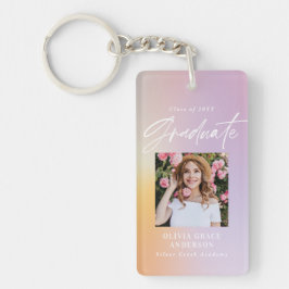 パステルモダンレインボーピンク写真卒業パーティー キーホルダー