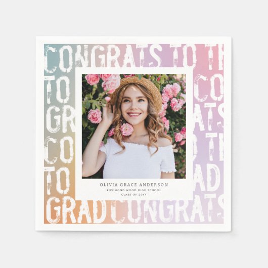 パステルモダンレインボーピンク写真卒業パーティー スタンダードカクテルナプキン (正面)