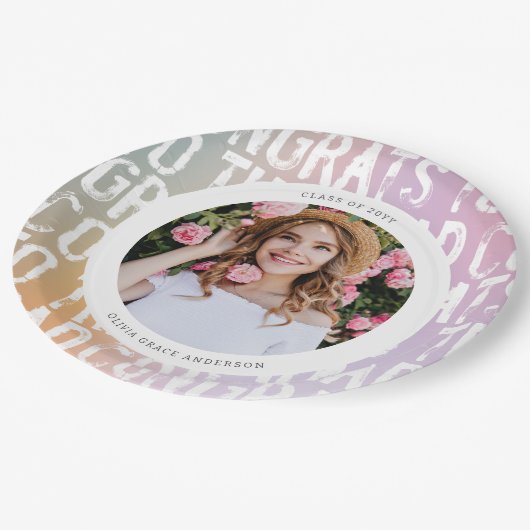 パステルモダンレインボーピンク写真卒業パーティー ペーパープレート (アングル)