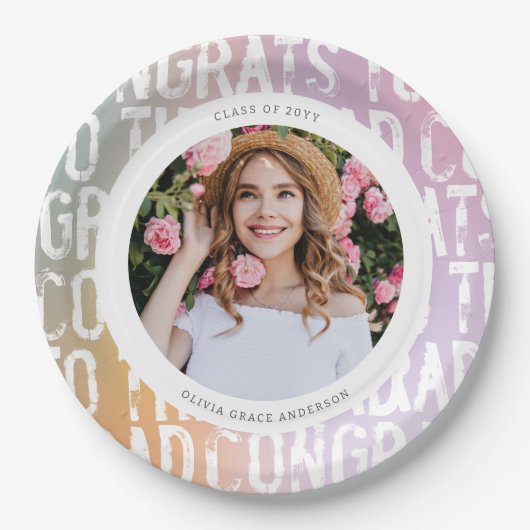 パステルモダンレインボーピンク写真卒業パーティー ペーパープレート (正面)