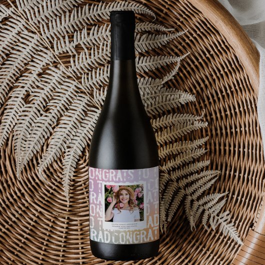 パステルモダンレインボーピンク写真卒業パーティー ワインラベル