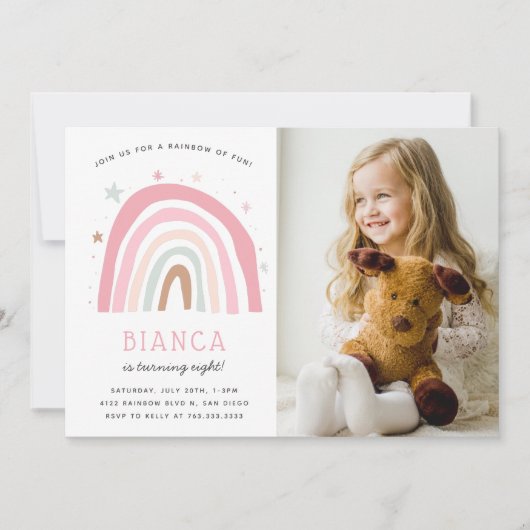 パステルモダンレインボー子供の誕生日パーティー写真 招待状 (正面)
